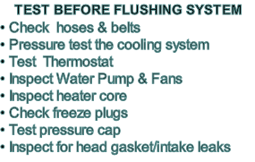 TEST BEFORE FLUSHING SYSTEM • Check  hoses & belts • Pressure test the cooling system • Test  Thermostat • Inspect Water Pump & Fans • Inspect heater core • Check freeze plugs • Test pressure cap • Inspect for head gasket/intake leaks